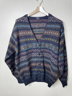 St Michael Men’s Large Fair Isle Wool Cardigan Dark Gray V Neck Made in UK